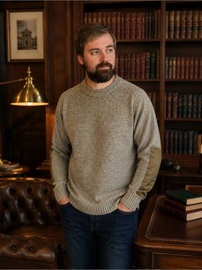 ▪️LINE OF TRADE Men's Crewneck Wool Blend Sweater in Oatmeal with Elbow Patch